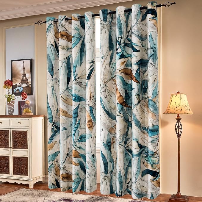 SUBRTEX Boho Leaf Printed Curtains 108 inch Long 2 Panels, Room Darkening by Subrtex