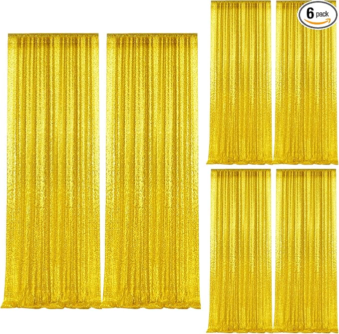 2×8FT-6PCS Bright Yellow Sequin Backdrop Curtains Panels, Photography Backdrop by Pufogu