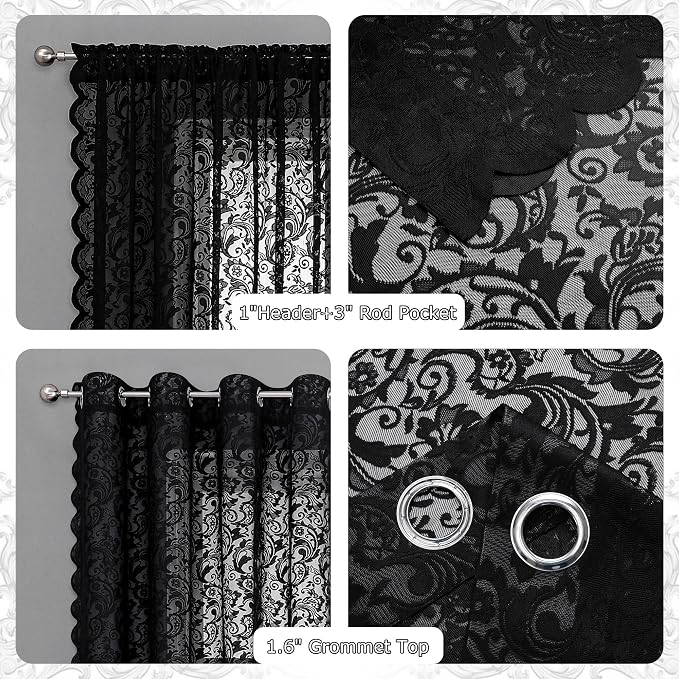 Bujasso Black Sheer Lace Curtains 63 inch Vintage Floral Sheer Window Curtain - Image 6