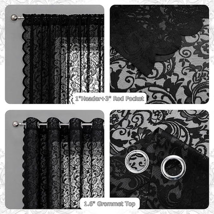 Bujasso Black Sheer Lace Curtains 90 inch Vintage Floral Sheer Gothic Curtain - Image 5