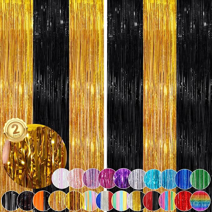 Black Gold Streamer Tinsel Foil Fringe Curtains Streamer 2Pack 3.3X 8.3Ft by UWPVOWSR