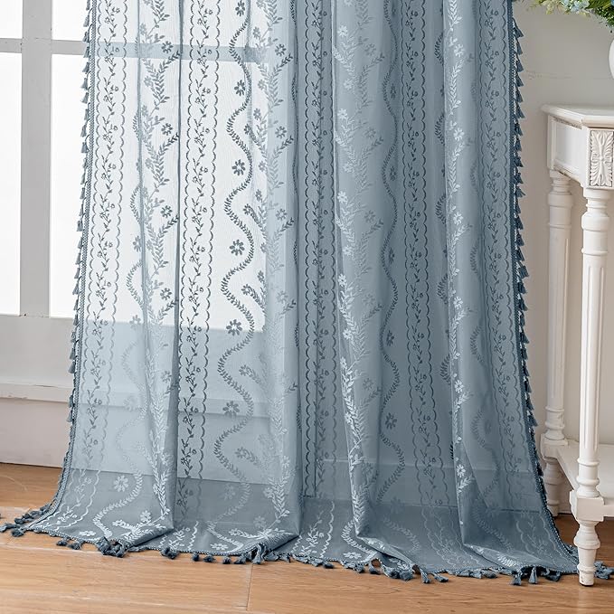 WAZZIO Boho Lace Curtains 2 Panels 63 Inch -Victorian Sheer Panel Drape French by WAZZIO