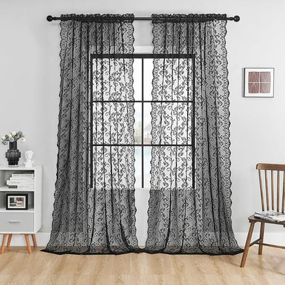 Black Lace Curtains 72 Inches Long 2 Panels Modern Vintage Paisley Floral Sheer - Image 2