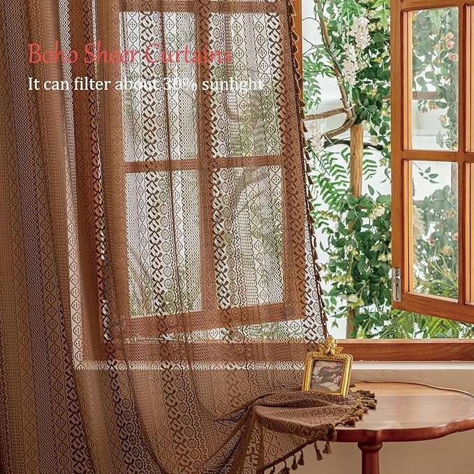 Sutuo Home Dark Coffee Boho Lace Curtains 108 inches Long - Image 7