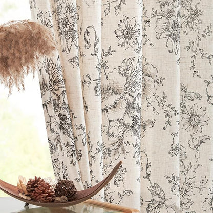 jinchan Black Floral Linen Curtains Lined 90 Inch Vintage Back Tab 2 Panels | - Image 7