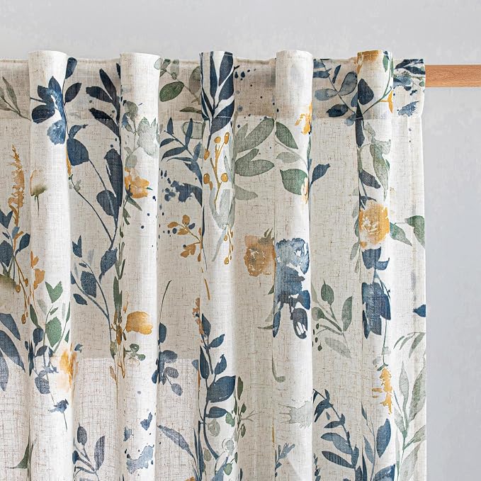 MYSKY HOME Linen Floral Curtains 95 Inch Length 2 Panels Set Semi Sheer Natural by MYSKYHOME