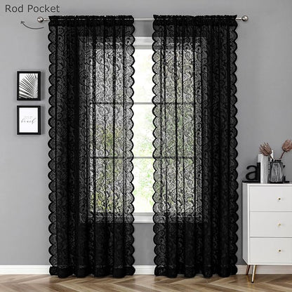 Bujasso Black Sheer Lace Curtains 63 inch Vintage Floral Sheer Window Curtain - Image 7