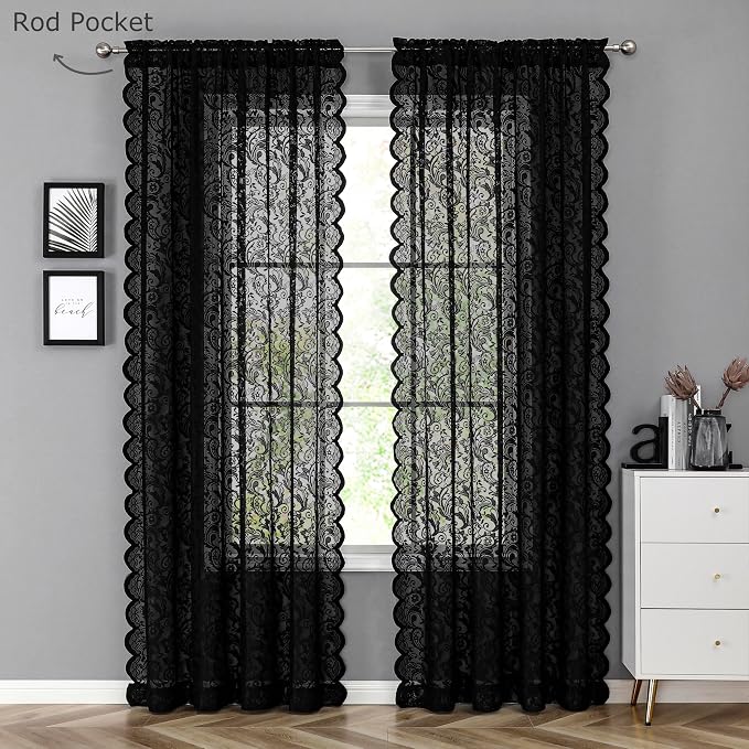 Bujasso Black Lace Sheer Curtains 95 inch Vintage Floral Sheer Window Curtain - Image 7