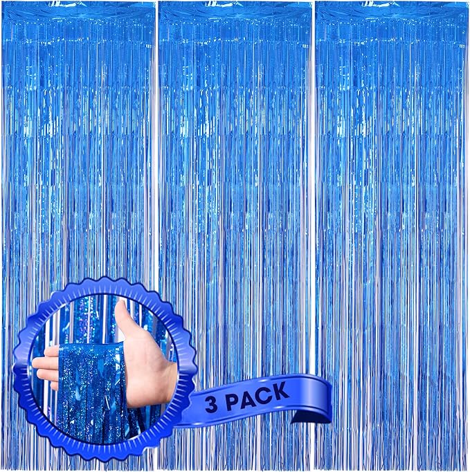 Voircoloria Laser Blue Foil Fringe Backdrop Curtains, 3 Pack | Tinsel Streamers by Voircoloria