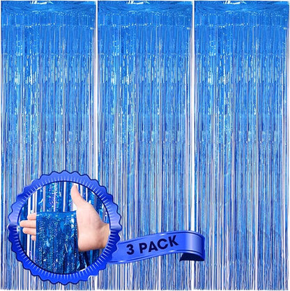 Voircoloria Laser Blue Foil Fringe Backdrop Curtains, 3 Pack | Tinsel Streamers by Voircoloria