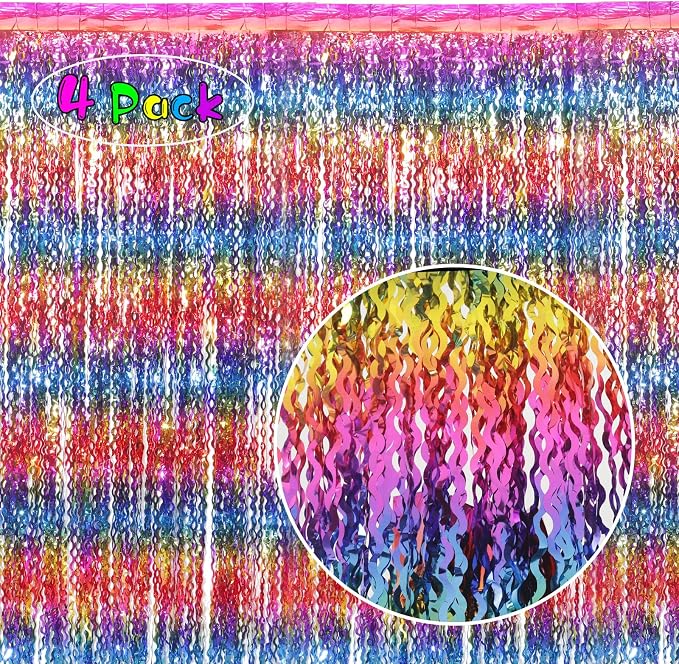 4 Pack Wavy Rainbow Foil Fringe Curtain | 3.3x6.6ft Colorful Tinsel Metallic - Image 2
