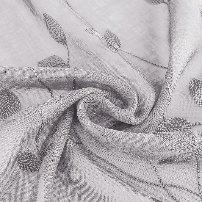 HOMEIDEAS Light Grey Sheer Curtains W52 x L96, Embroidered Vine Leaf | 2 Panels - Image 6