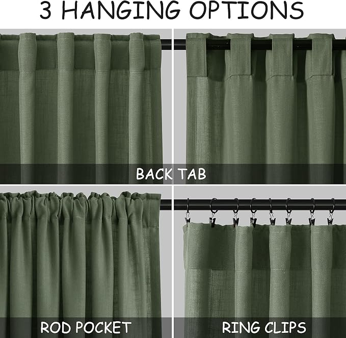 Olive Green Linen Sheer Back Tab Curtains 45 Inch Length Semi Sheer Light - Image 2