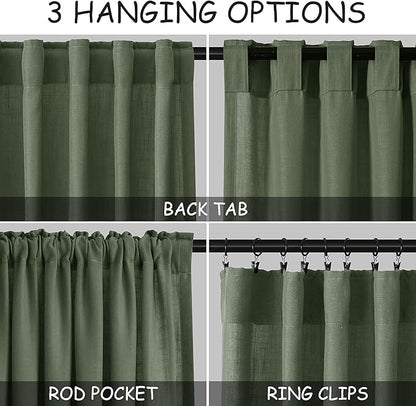 Olive Green Linen Curtains for Living Room 2 Panels Set 126 Inch Length Back - Image 3