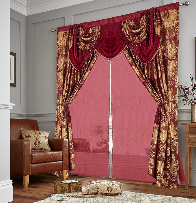 GLORY RUGS Jacquard Luxury Window 2 Panel Set Burgundy Gold Curtain - Image 2