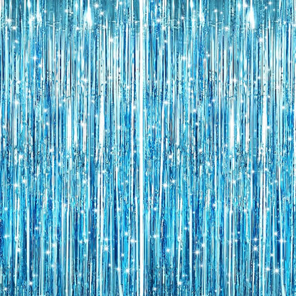 GCB 2Pack Blue Metallic Tinsel Foil Fringe Curtains, Tinsel Curtain Backdrop by GCBPartyDecorations