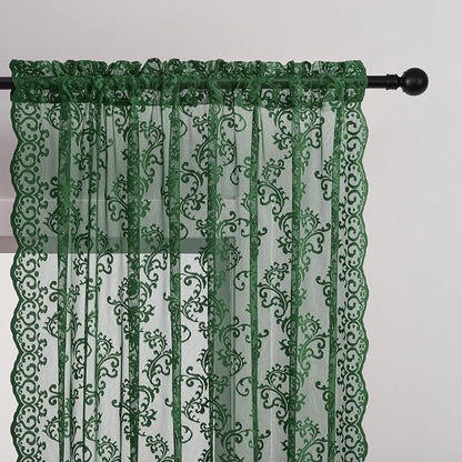 Dark Green Lace Curtains 96 Inches Long 2 Panels - Image 2
