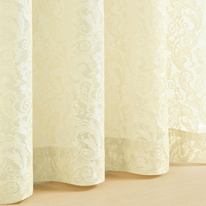 Bujasso Ivory Sheer Lace Curtains 63 inch Vintage Floral Sheer Window Curtain - Image 4