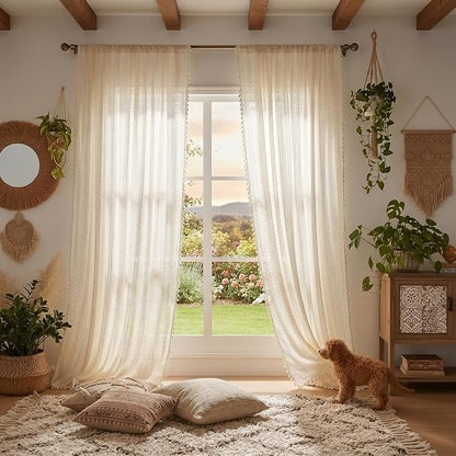 WAZZIO Boho Lace Curtains 80 Inches 2 Panel, Light Filtering Privacy Tassel & - Image 4