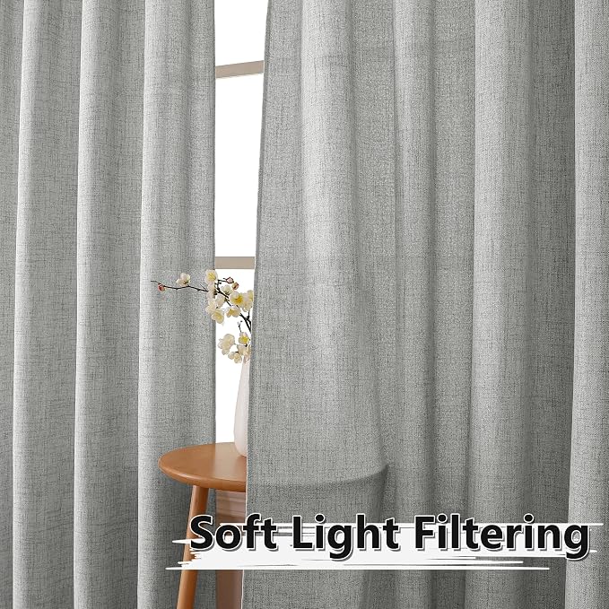 Tollpiz Linen Curtains Living Room Rod Pocket Semi Sheer Curtain Burlap Light - Image 2
