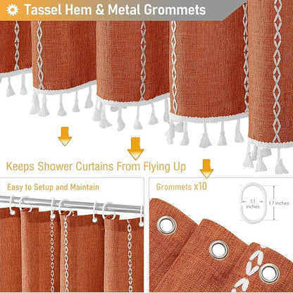 54 x 72 Boho Linen Heavy Duty Cloth Shower Curtain Set, Burnt Orange | Small - Image 5
