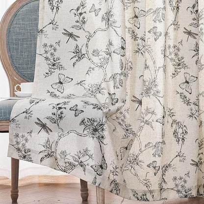 Black Floral Linen Curtains Farmhouse Rod Pocket 50W X 63L 2 Panels | Charlotte - Image 9