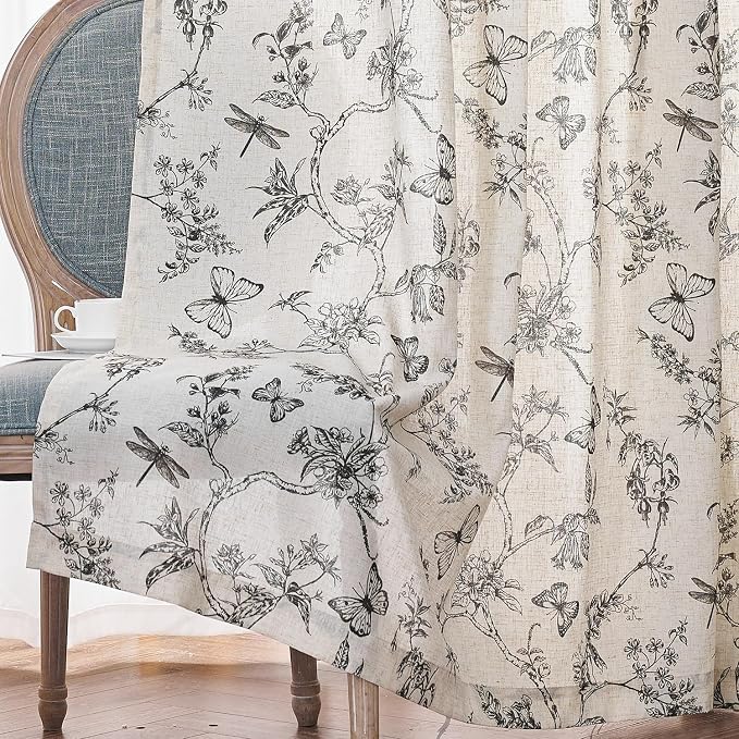 Black Floral Linen Curtains Farmhouse Rod Pocket 50W X 96L 2 Panels | Charlotte - Image 9