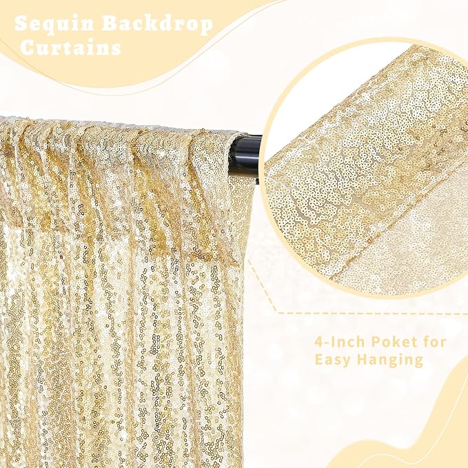 Light Gold Sequin Backdrop Curtains 4 Pcs 2ftx8ft Glitter Shimmer Fabric | - Image 2
