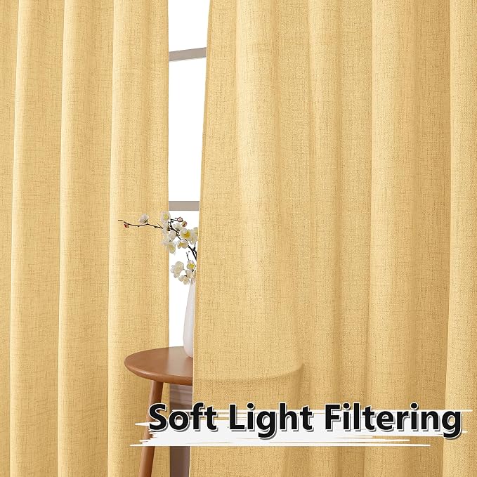 Tollpiz Linen Curtains Living Room Rod Pocket Semi Sheer Curtain Burlap Light - Image 2