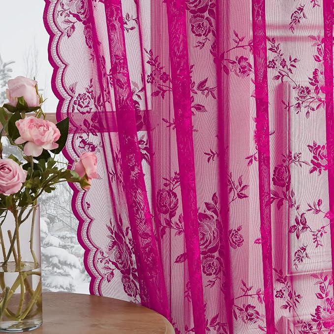108 Inch Raspberry Lace Curtains Rod Pocket Large 3D Floral Embroidery Semi - Image 4