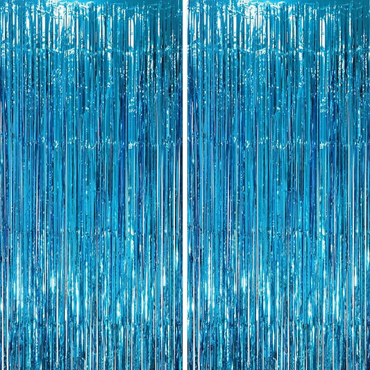 Voircoloria Retro Blue Foil Fringe Backdrop Curtains, 2 Pack | Tinsel Streamers by Voircoloria