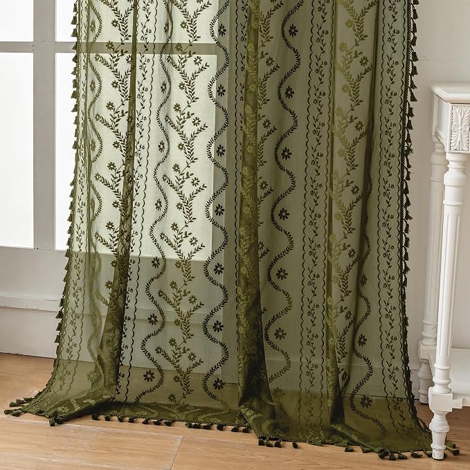 WAZZIO Boho Lace Curtains 2 Panels 84 Inch -Victorian Sheer Panel Drape French by WAZZIO
