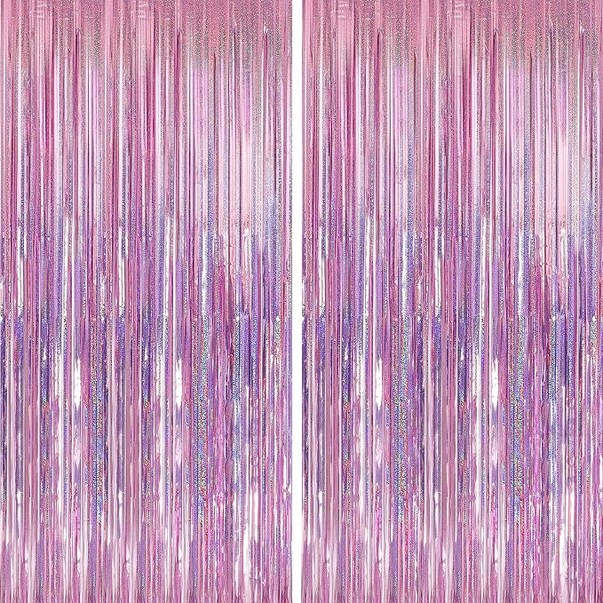 Crosize 2 Pack Laser Pink Party Streamers Backdrop, 3.3 x 9.9 ft | Tinsel Foil by Crosize