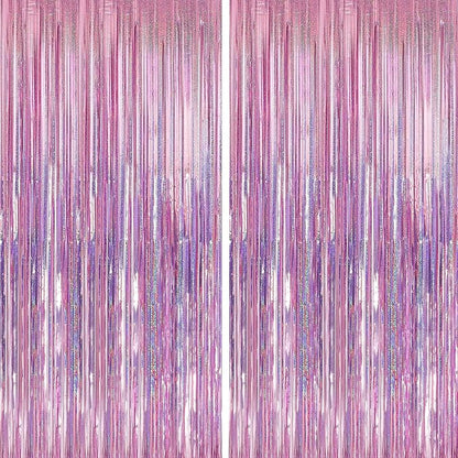 Crosize 2 Pack Laser Pink Party Streamers Backdrop, 3.3 x 9.9 ft | Tinsel Foil by Crosize