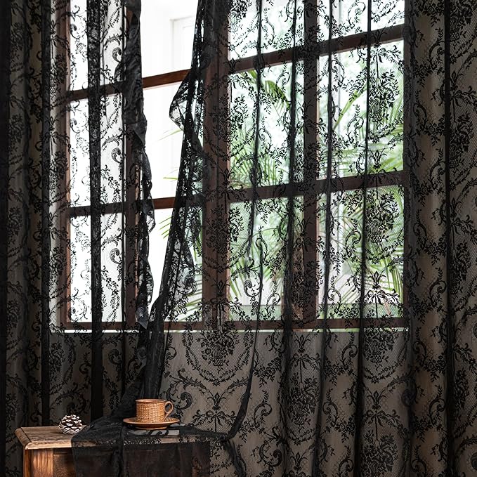 Deeprove Black Lace Curtains 96 Inch Length Set of 2 Panels Pair - Image 4
