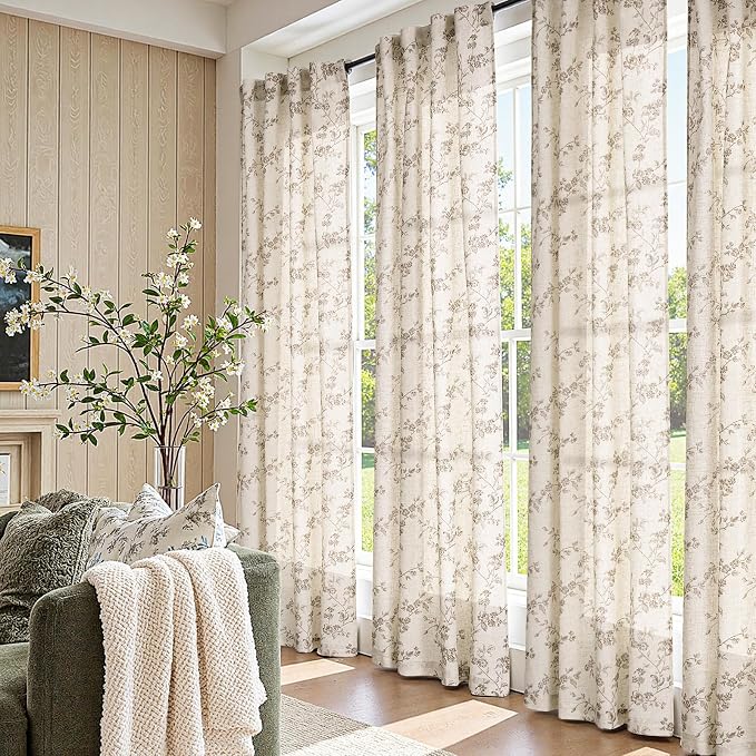 jinchan Taupe Floral Linen Curtains 90 Inch Farmhouse Back Tab 2 Panels | Taupe - Image 5