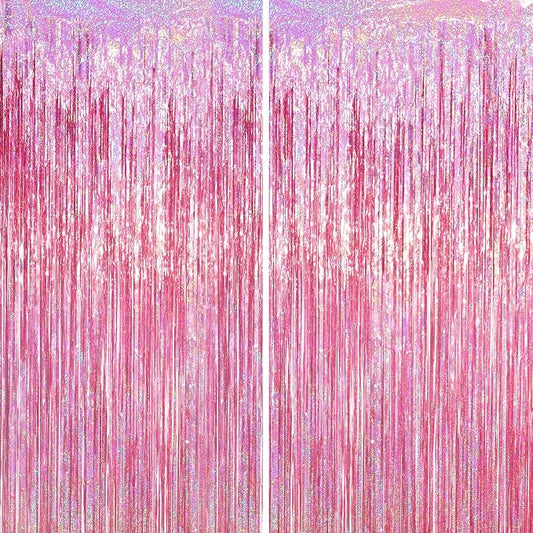 Voircoloria Laser Pink Foil Fringe Backdrop Curtains, 2 Pack | Tinsel Streamers by Voircoloria
