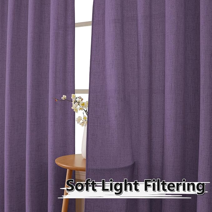 Tollpiz Short Linen Curtains Bedroom Rod Pocket Semi Sheer Curtain Burlap Light - Image 2