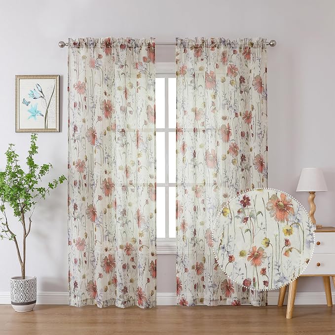 Crushed Sheer Curtains 90 Inch Length 2 Panels Set, Sheer Floral Curtains - Image 2