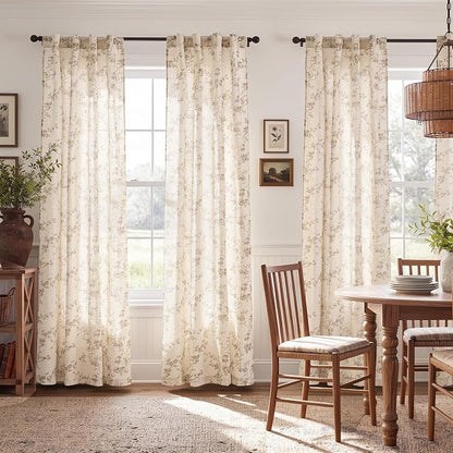 jinchan Taupe Floral Linen Curtains 84 Inch Farmhouse Back Tab 2 Panels | Taupe - Image 3