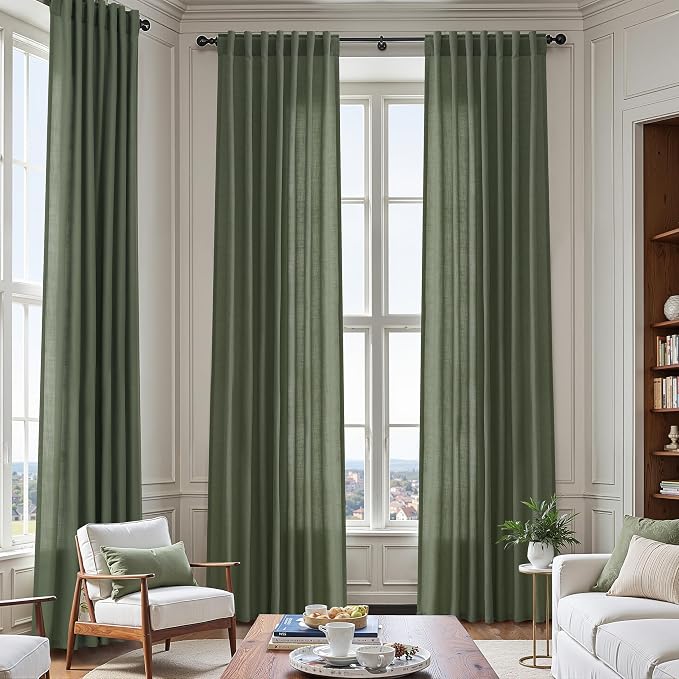 142 Inch Extra Long Curtain for Floor to Ceiling High Window Olive Green Linen by Nanspring