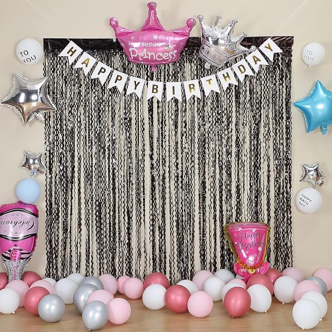 3 Pack New Years Decorations Wavy Black Tinsel Foil Fringe Curtains Party - Image 6