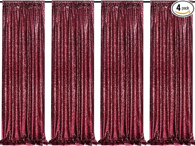 Sequin Curtain 4 Panels 2x8FT Burgundy Sequin Backdrop by QueenDream