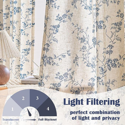 Blue Vintage Floral Linen Curtains Farmhouse 50W X 90L 2 Panels | Elisa Series - Image 3