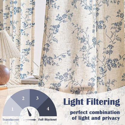 Blue Vintage Floral Linen Curtains Farmhouse 38W X 84L 2 Panels | Elisa Series - Image 3