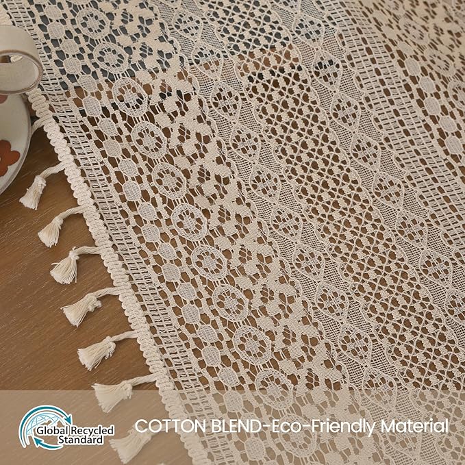 WAZZIO Boho Lace Curtains 120 Inch 2 Panel, Light Filtering Privacy Tassel & - Image 4
