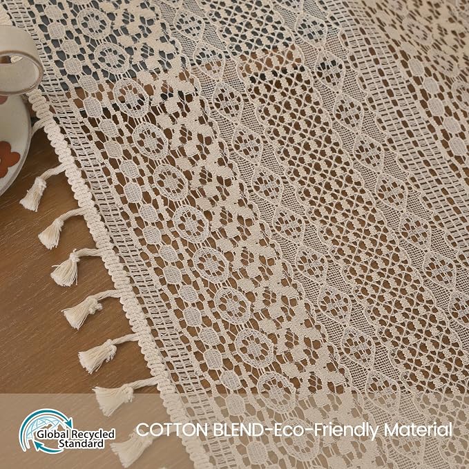 WAZZIO Boho Lace Curtains 105 Inch 2 Panel, Light Filtering Privacy Tassel & - Image 4