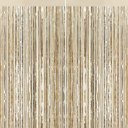 2Pack Champagne Gold Foil Fringe Backdrop Curtains, Tinsel Door Streamers by GCBPartyDecorations