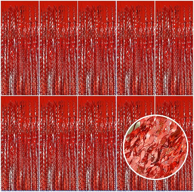 Red Tinsel Foil Fringe Curtains Wavy Backdrop by BOMSI
