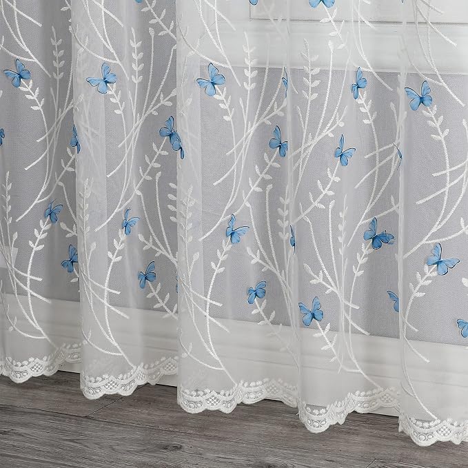 White Sheer Voile Curtains White Embossed Butterflies 63 Inches | Light - Image 3
